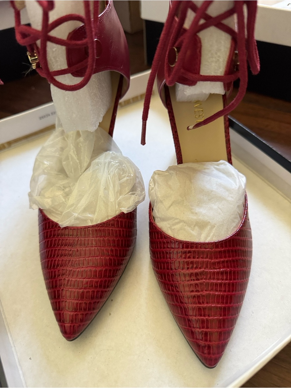Nine West Red Lizard-Embossed Pointed Toe Lace-Up Heels